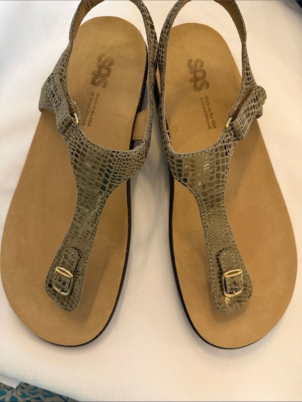 SAS Olive Snake-Embossed T-Strap Sandals with Gold Buckles